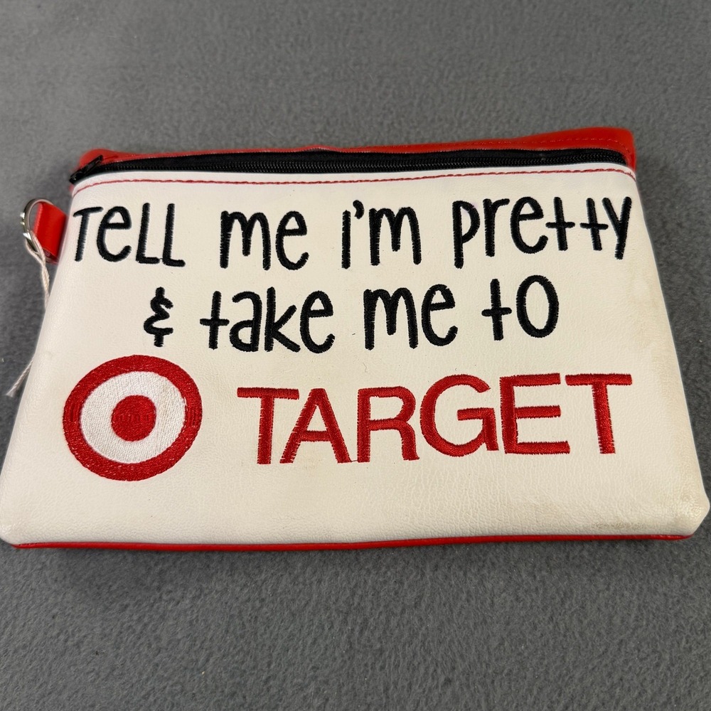 Target Embroidered‎ Zipper Pouch Tell Me I'm Pretty Faux Leather Makeup Bag Red